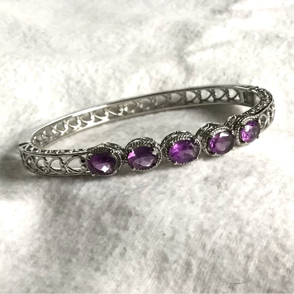 African Amethyst Bangle Bracelet in Stainless Steel. - Picture 1 of 8